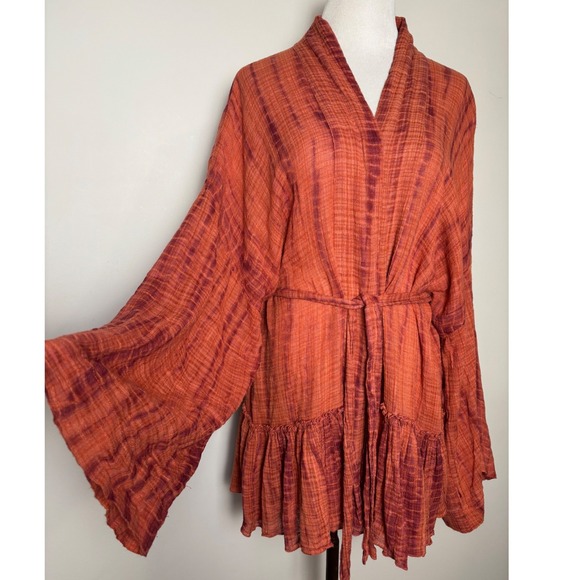 Free People Tops - Free People Tie Dye Kimono Wrap Top M/L Oversize Boho Sheer Indie Cover-Up Layer